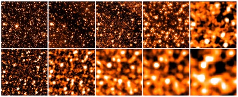 Postage stamp images of the same 5’x5’ region of the GOODS-N ranging from 3.6μm (upper left) to 500μm (bottom-right)