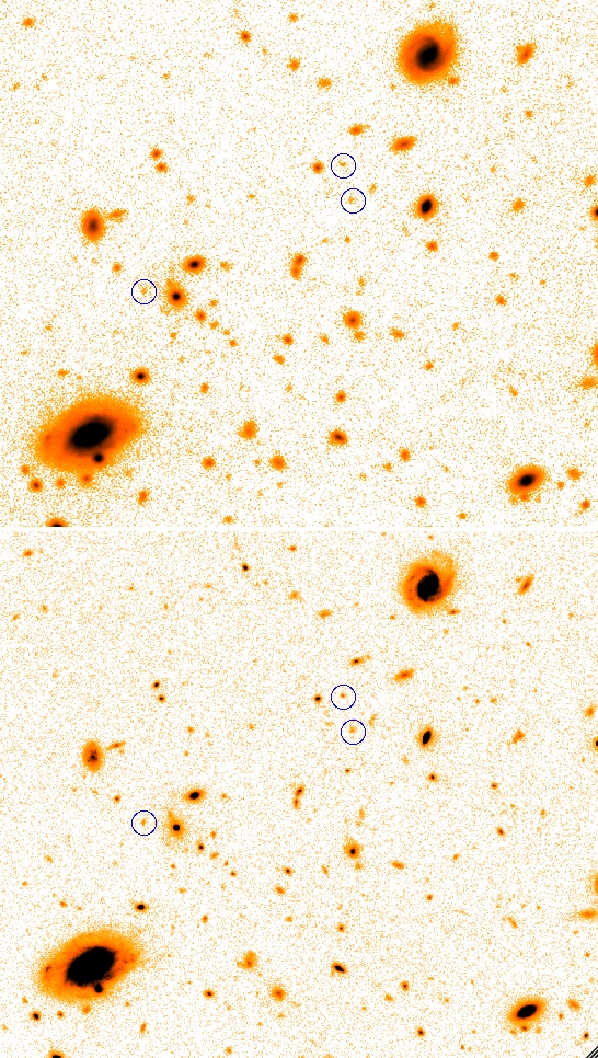 The centre of the deepest GOODS-S field as observed with Hawk-I in the K-band (upper) and with WFC3/IR in the H-band (lower). The displayed area is 1’ wide. Objects encircled have H≈26 and a colour H-K≈0.5, typical of faint galaxies.