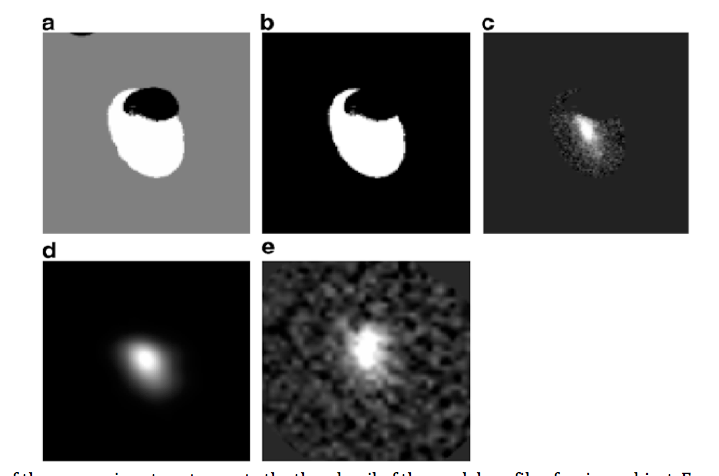 Example of the processing steps to create the thumbnail of the model profile of a given object. From left to right: (a) the segmentation of the object (white) is extracted, (b) other objects are masked, (c) the object profile is extracted from the detection image and the local background is subtracted, (d) the object profile is smoothed to the measure PSF and normalised to obtain the model profile and (e) the same object is extracted from the measure image subtracting its local background. (from De Santis et al. 2006)