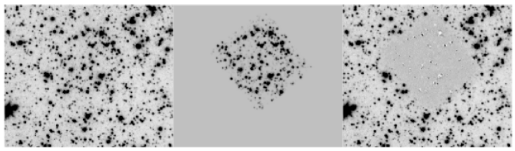 Illustration of the IRAC deconfusion algorithm developed by McLure et al. (2011). The left-­‐hand panel shows the inverse-­‐variance weighted stack of the epoch1+epoch2 4.5 μm imagingcovering the HUDF. The middle panel shows the best-­‐ fitting model of the IRAC data, based on using the H160 WFC3/IR imaging to provide model templates, and a matrix inversion procedure to determine the best-­‐fitting template amplitude. The right-­‐hand panel shows the model subtracted image (note that the WFC3/IR imaging does not cover the full area of the HUDF).