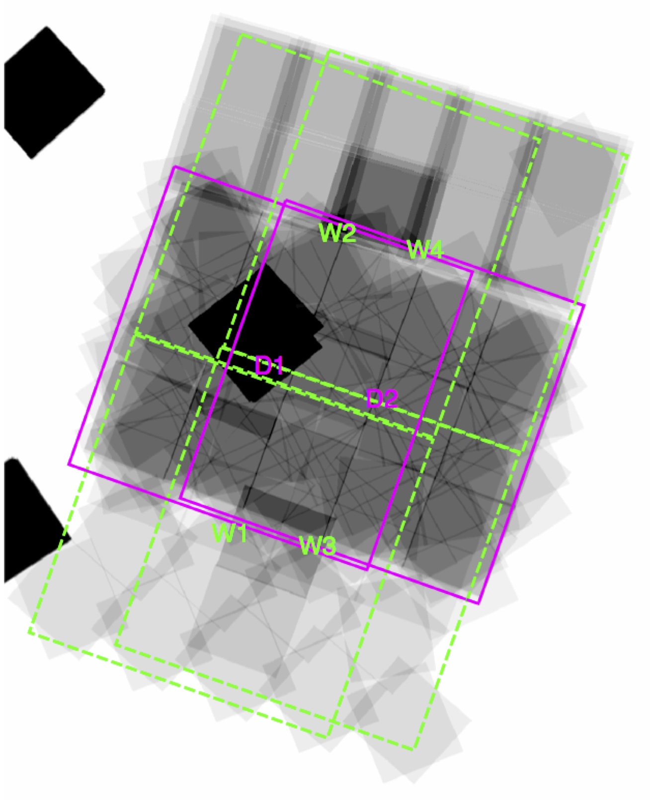 Location of the Hawk-I pointings overlaid on the exposure map of the WFC3 data available within the GOODS-South field. Magenta lines show the field-of-view of pointings D1 and D2, while the green lines show pointings W1, W2, W3 and W4. The black square at the centre is the HUDF12 region (Koekemoer et al. 2013). The greyscale of the WFC3/IR images is on a linear stretch that saturates at the deepest levels of the CANDELS data; the HUDF12 is deeply oversaturated