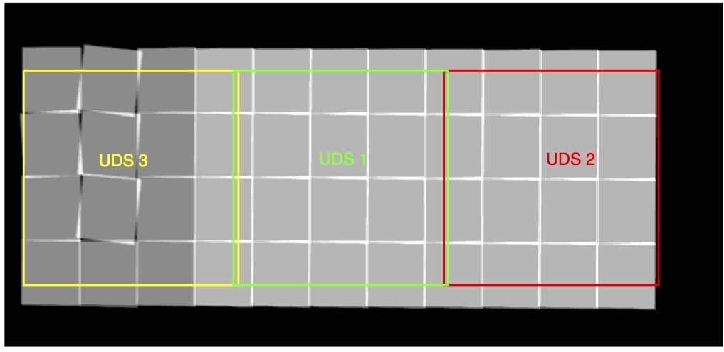 The location of the three Hawk-I pointings overlaid on the exposure map of the WFC3-CANDELS mosaic of the UDS. The greyscale of the WFC3/IR images is on a linear stretch from 0 to 4ks