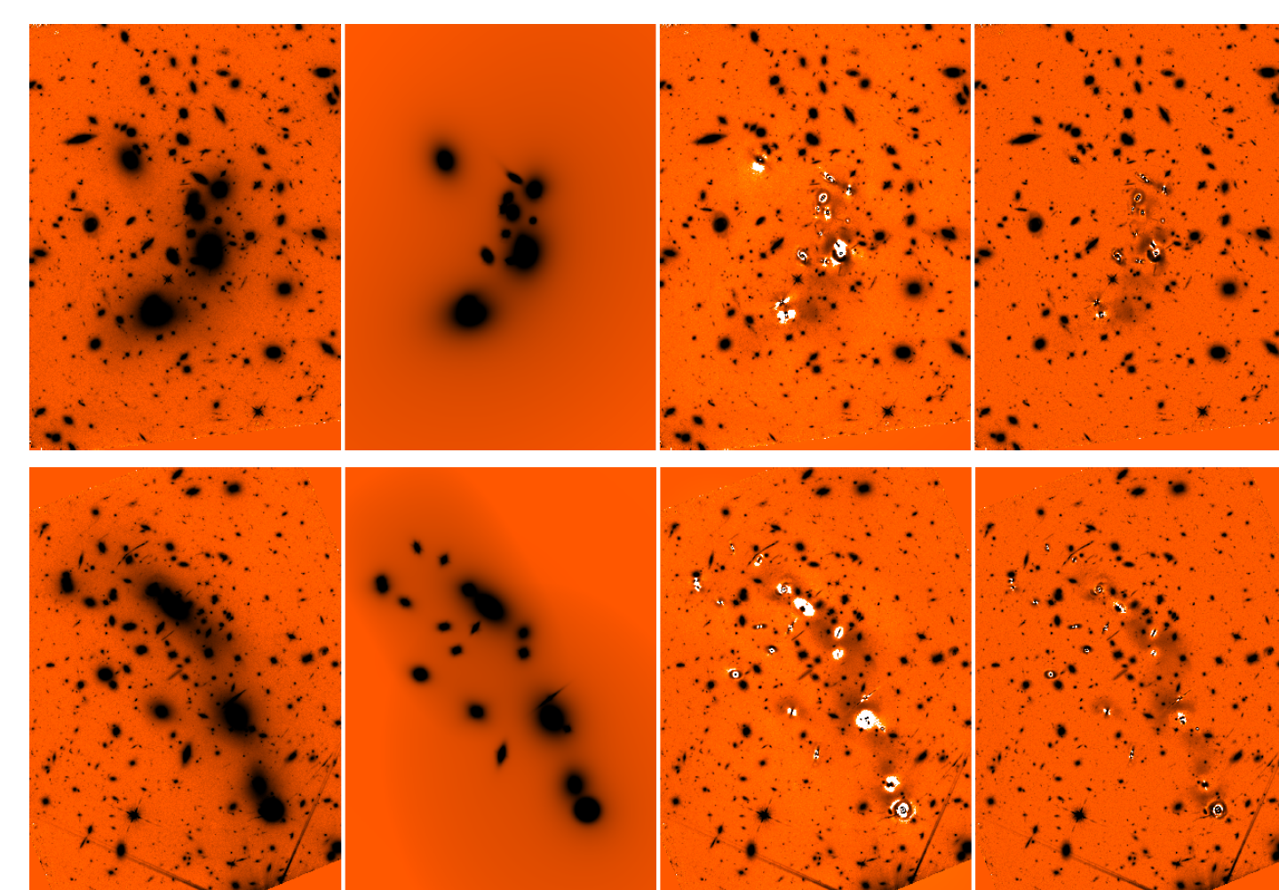 Eects of the procedure on the A2744 (top) and M0416 (bottom) H160 image. Left to right: original image, models of galaxies and ICL after STEP 4, processed image after subtraction of the models, nal processed image after median ltering (STEP 5). All images have logarithmic greyscale with the same cuts.