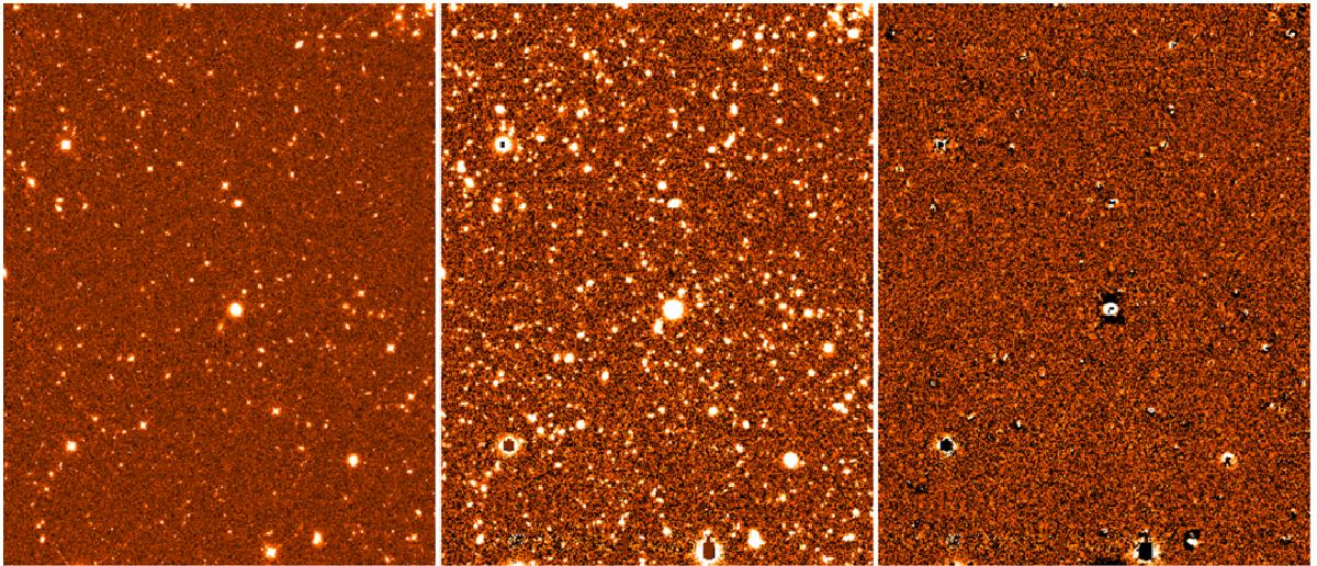 Example of the results of a standard t-phot run using analytical priors. Left to right: CANDELS COSMOS H-band (HRI), R-band (LRI) and residuals image obtained using Galfit two-component models. LRI and residual image are on the same greyscale. 